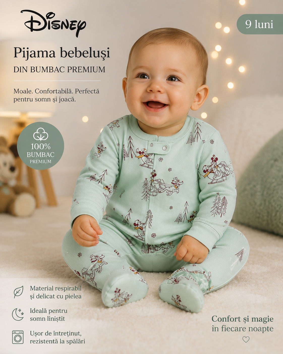 Pijama bebe Disney Mickey & Minnie din bumbac cu tălpi antiderapante – Amazon Essentials