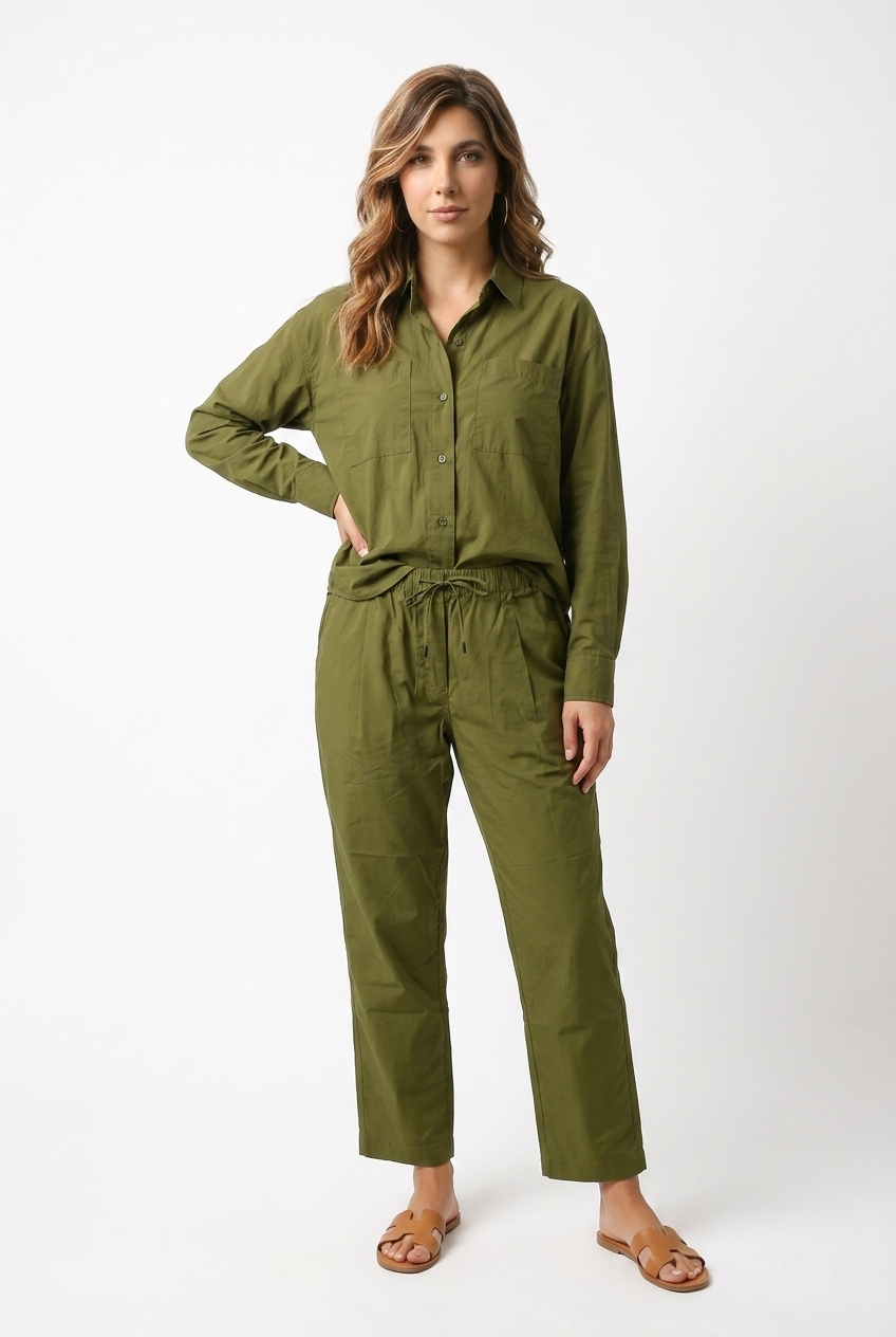 MARC O'POLO Pantaloni damă casual 100% bumbac, talie elastică, verde Fern Green