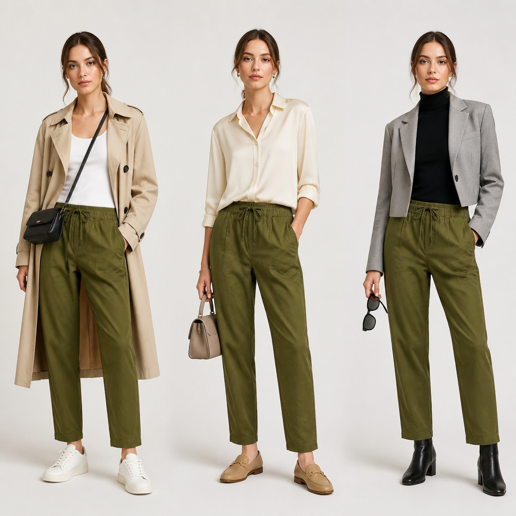 MARC O'POLO Pantaloni damă casual 100% bumbac, talie elastică, verde Fern Green