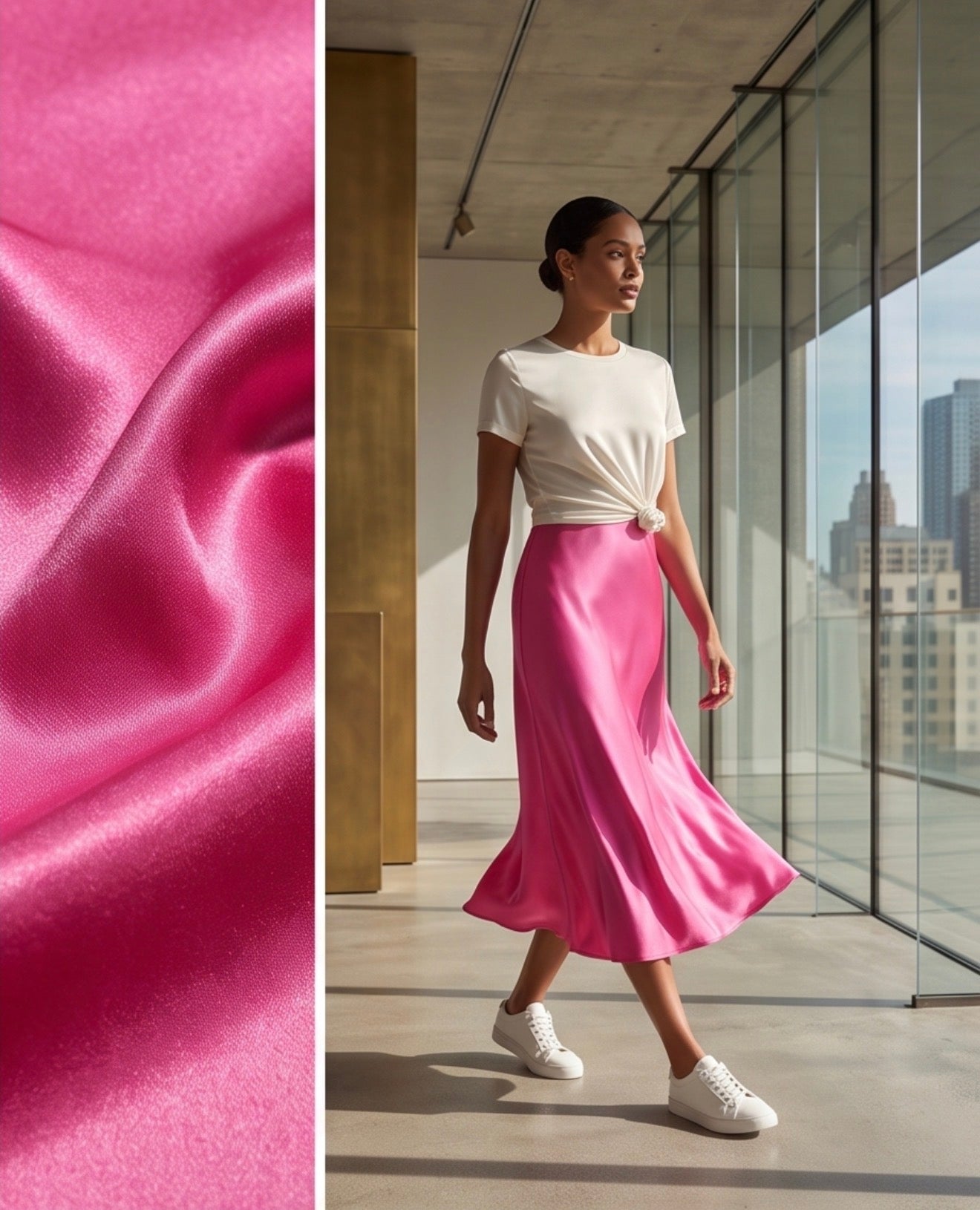 Fustă satinată midi Maya Hot Pink – The Drop