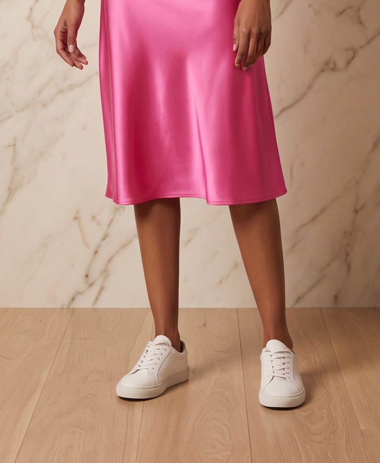Fustă satinată midi Maya Hot Pink – The Drop