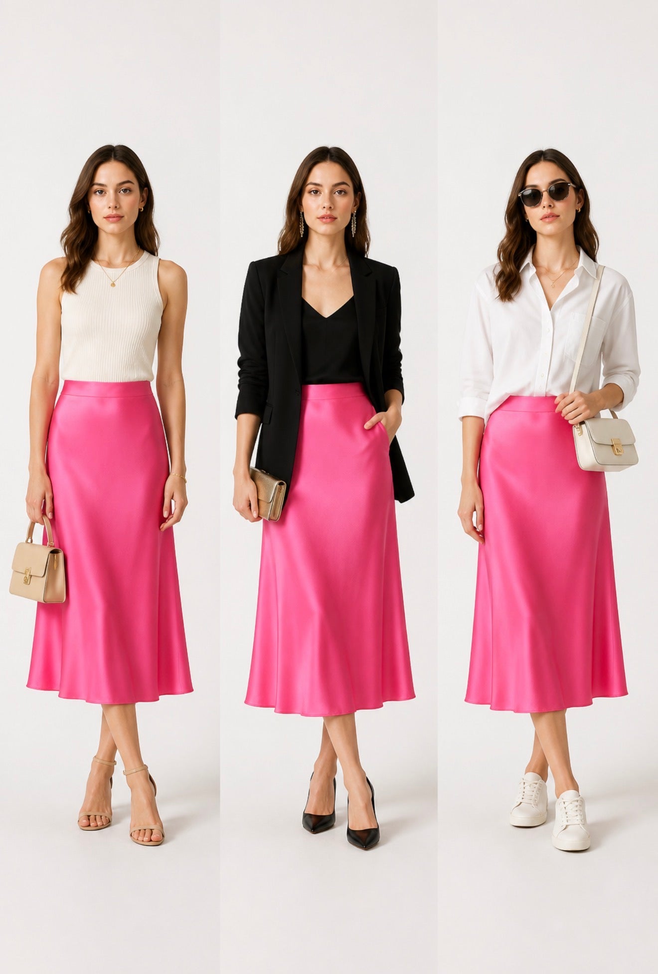 Fustă satinată midi Maya Hot Pink – The Drop