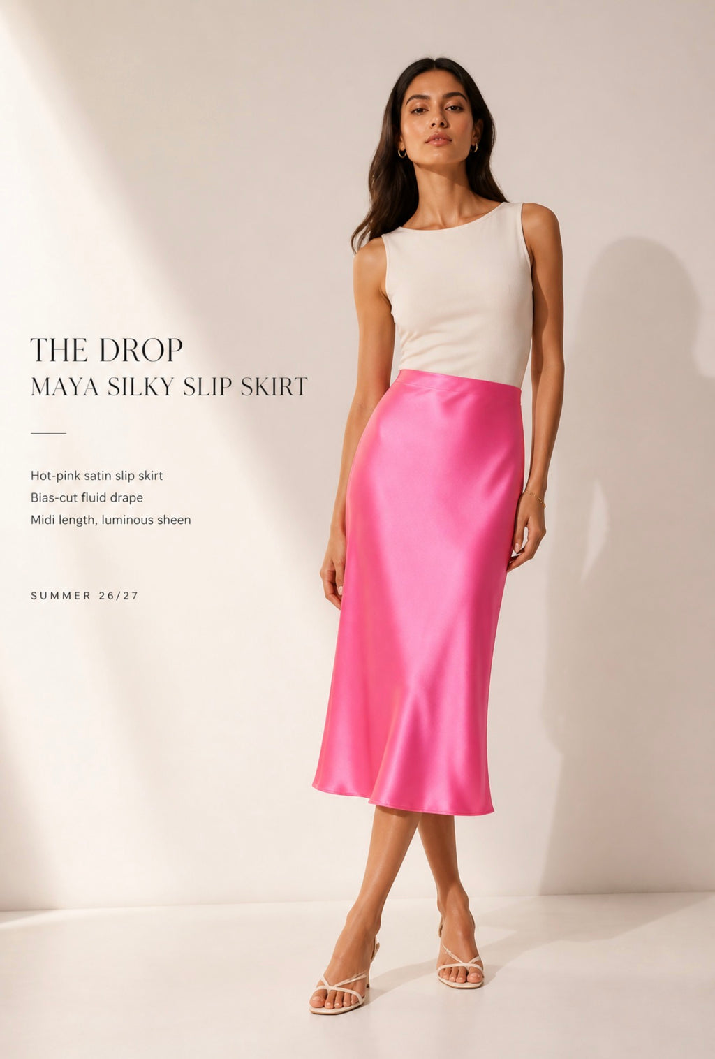 Fustă satinată midi Maya Hot Pink – The Drop