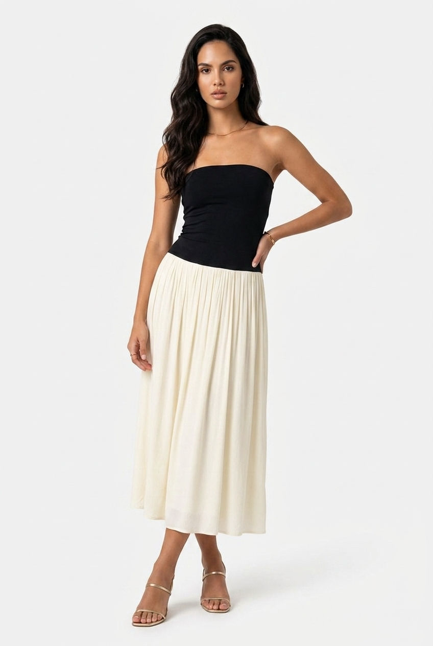 THE DROP Rochie maxi Lillian fara bretele ivory