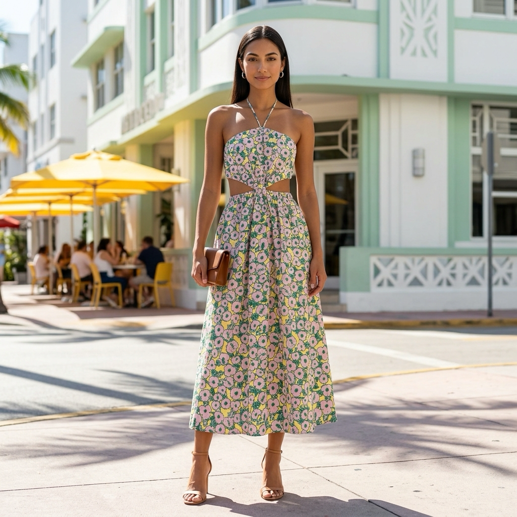 Rochie The Drop Brinda cu decupaje și imprimeu floral roz/galben