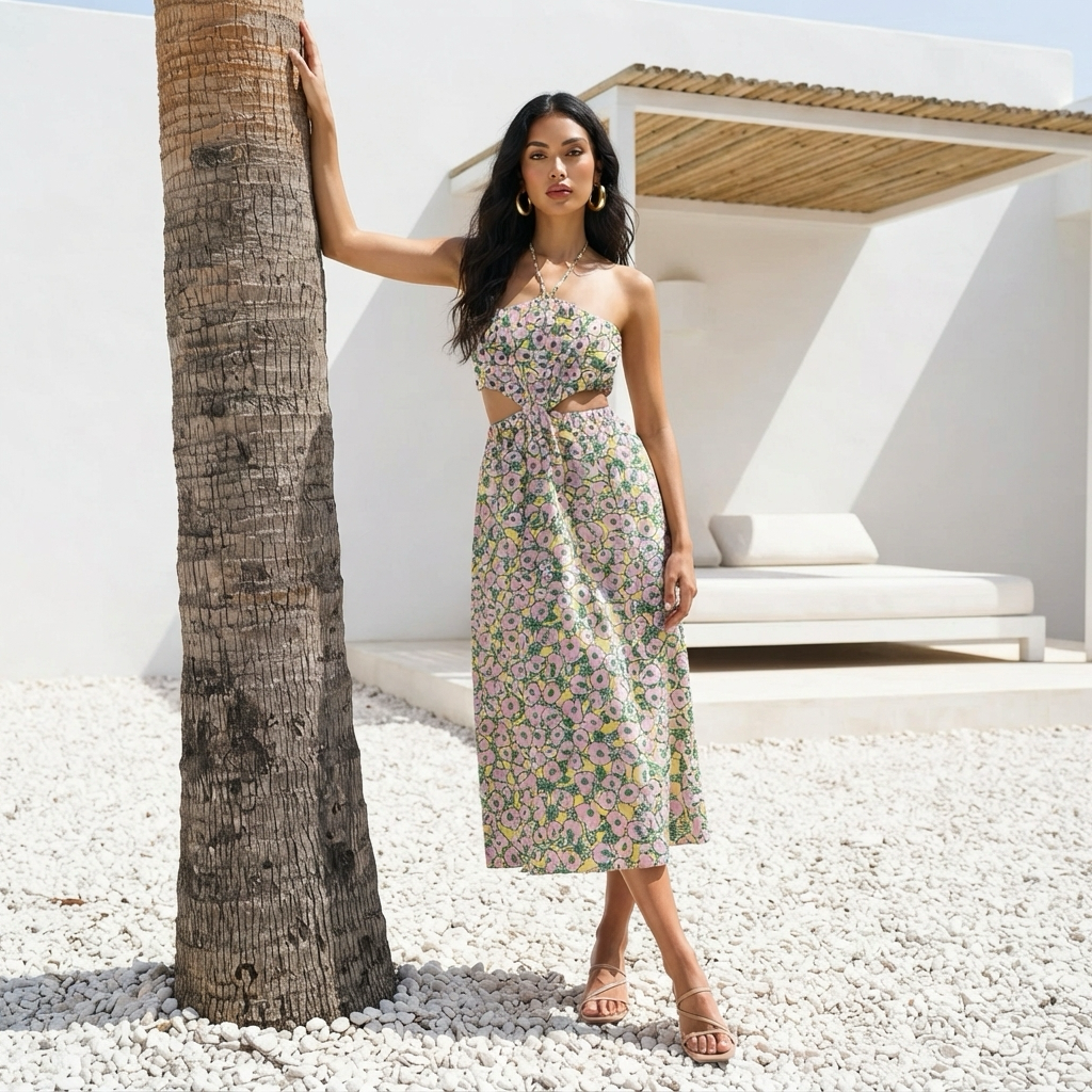 Rochie The Drop Brinda cu decupaje și imprimeu floral roz/galben