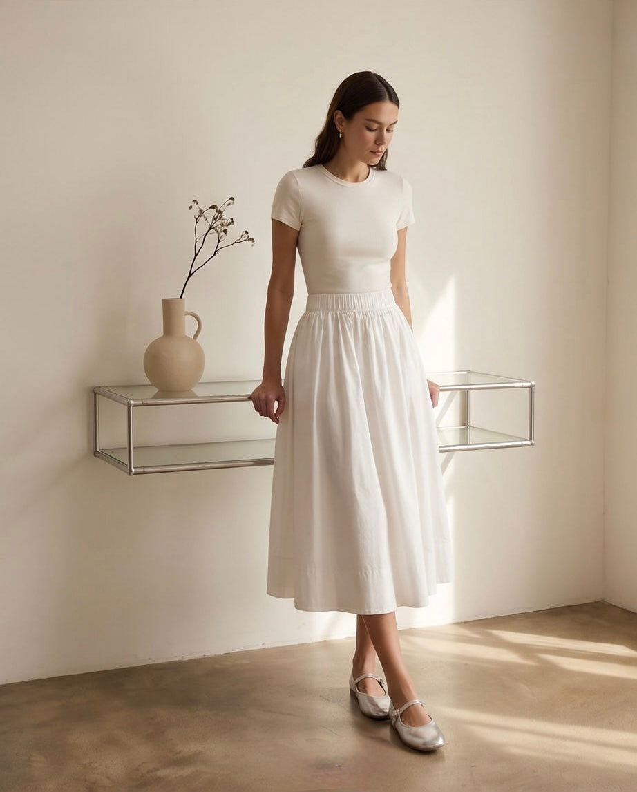 Fustă midi din poplin de bumbac The Drop Arlo – Albă