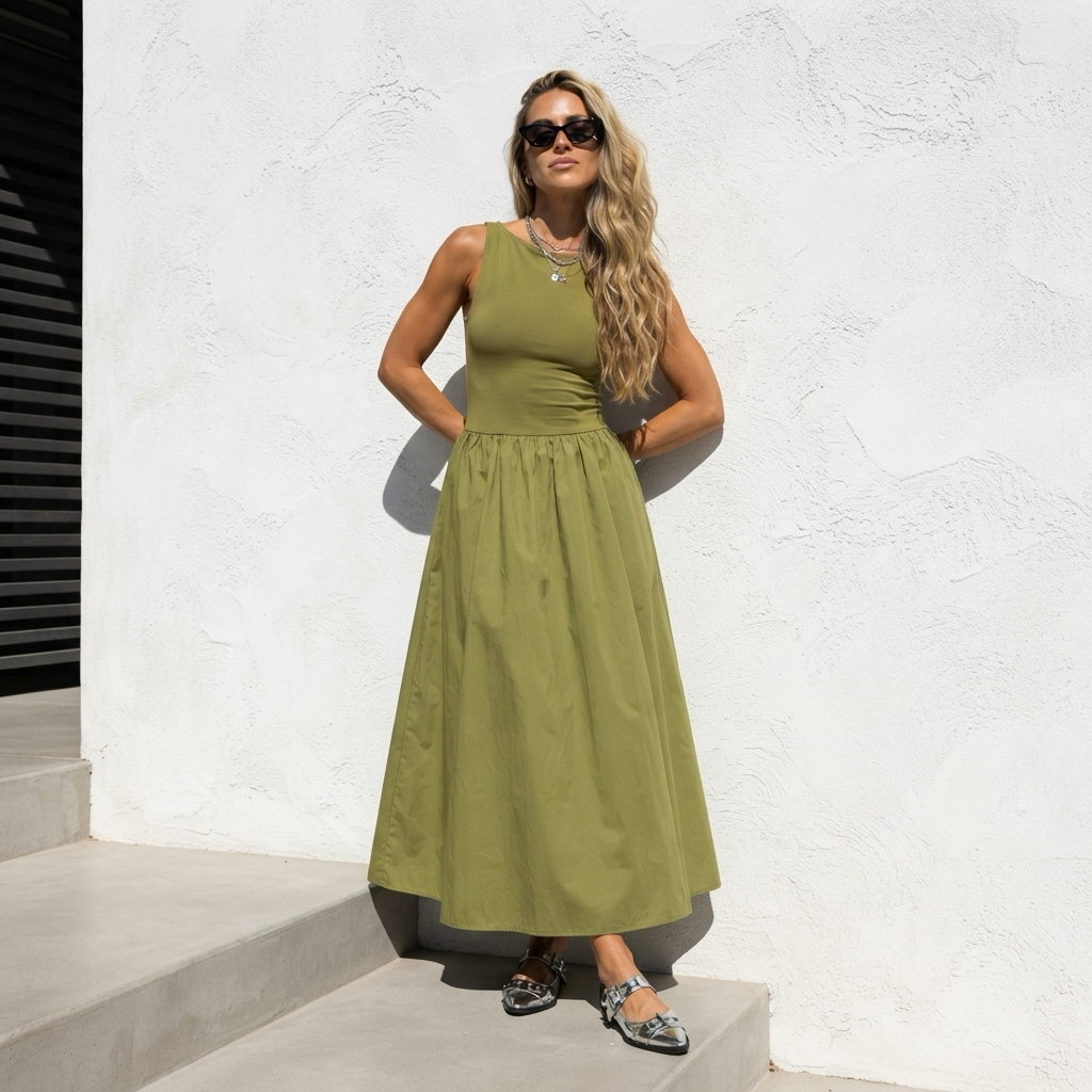 The Drop Martini Maxi Dress Olive – Rochie Lungă din Bumbac Premium