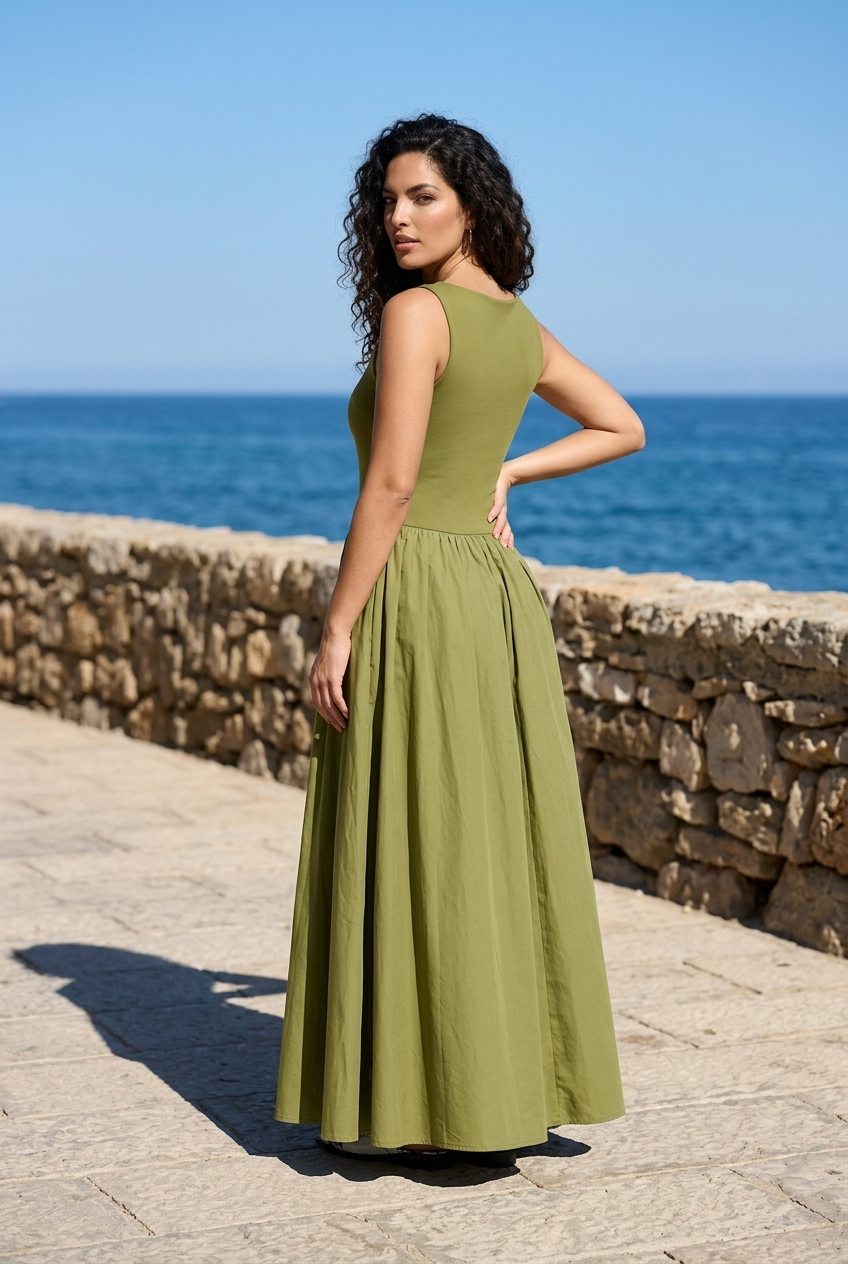 The Drop Martini Maxi Dress Olive – Rochie Lungă din Bumbac Premium