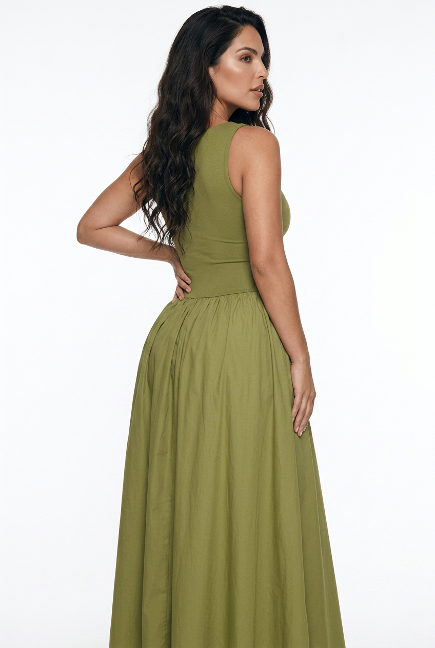 The Drop Martini Maxi Dress Olive – Rochie Lungă din Bumbac Premium