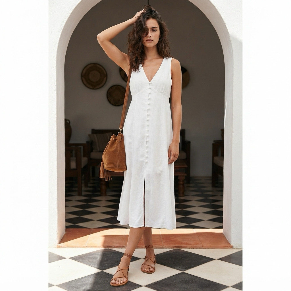 Rochie Maxi cu Decolteu în V și Nasturi Decorativi – The Drop