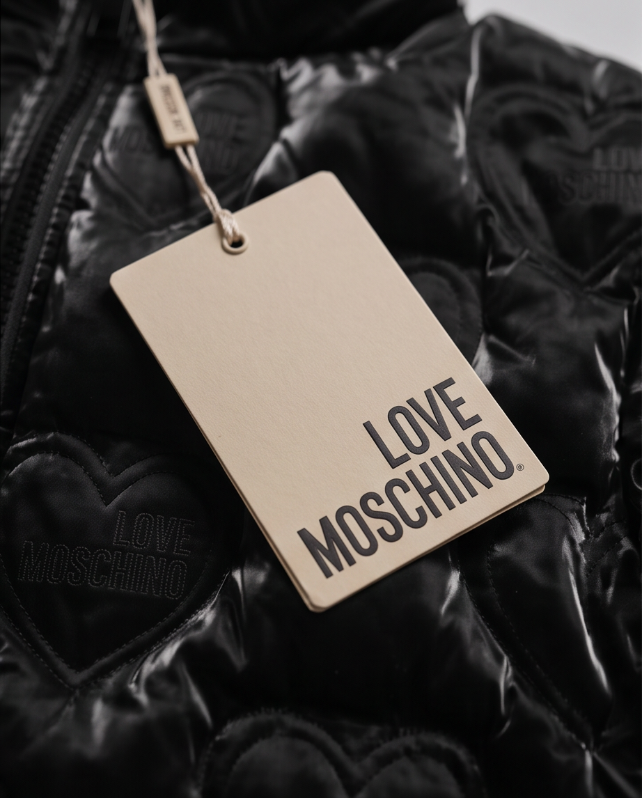 Palton puffer Love Moschino matlasat cu model inimă și glugă