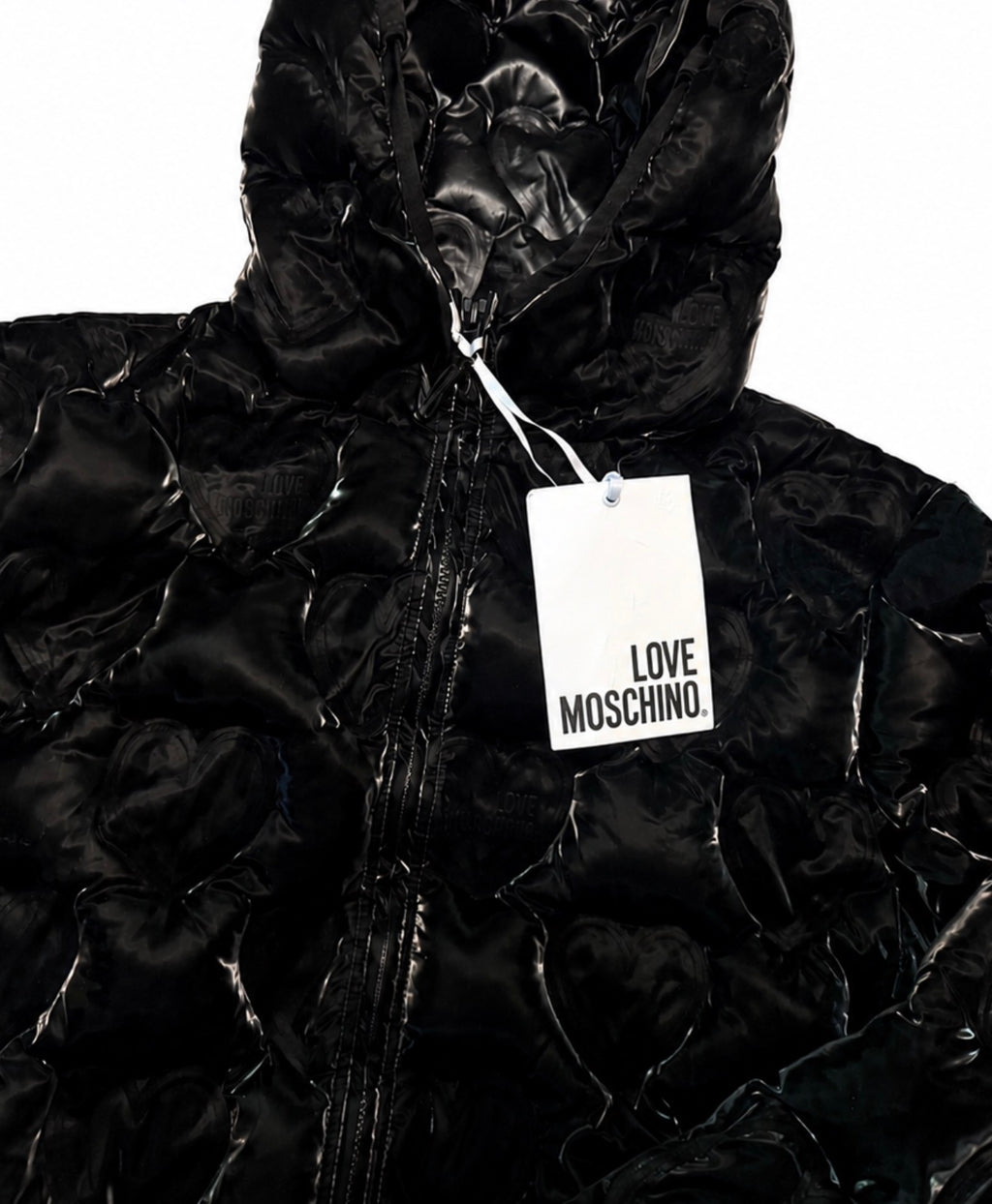 Palton puffer Love Moschino matlasat cu model inimă și glugă