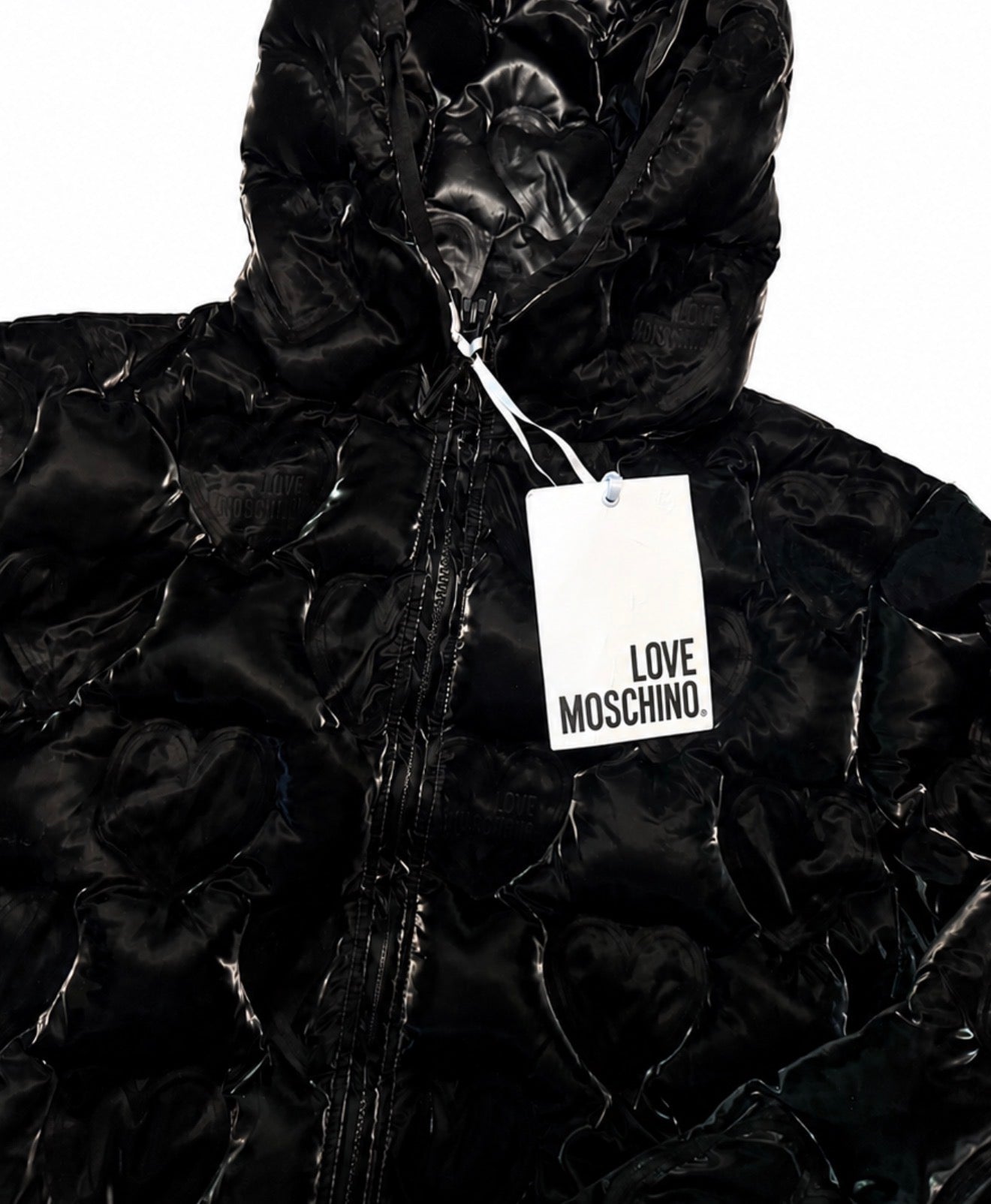 Palton puffer Love Moschino matlasat cu model inimă și glugă