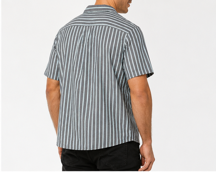 Cămașă de Vacanță -Fit Navy Awning Stripe Mânecă Scurtă