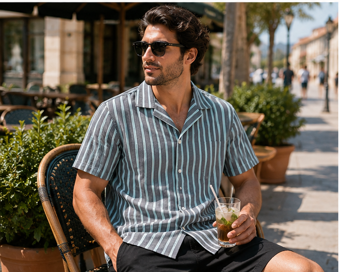 Cămașă de Vacanță -Fit Navy Awning Stripe Mânecă Scurtă