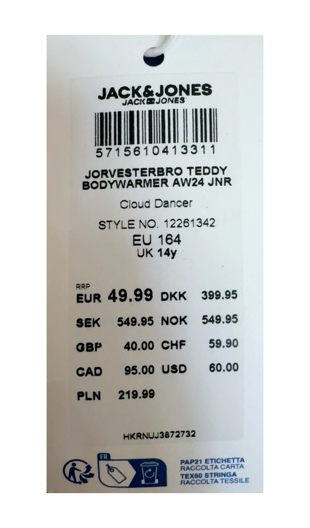 Vestă teddy JACK & JONES Junior băieți JORVESTERBRO Cloud Dancer