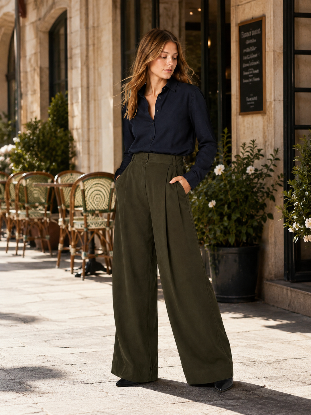 Pantaloni damă Kings of Indigo Rapunzel Wide Leg din Tencel, Olive Drab