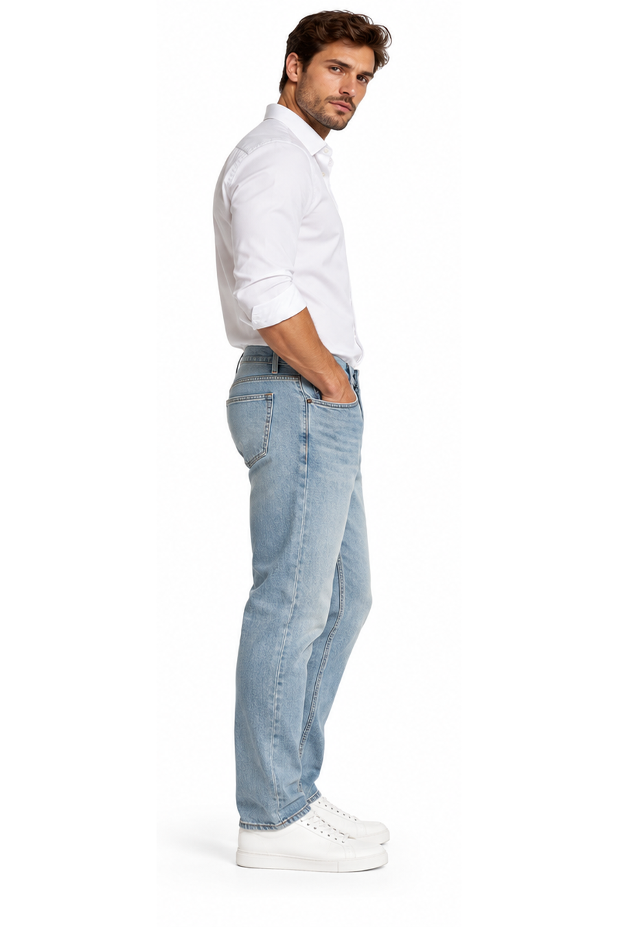 Blugi HUGO Blue Brody bărbați W32/L32, pe model elegant, vedere laterală, croială tapered
