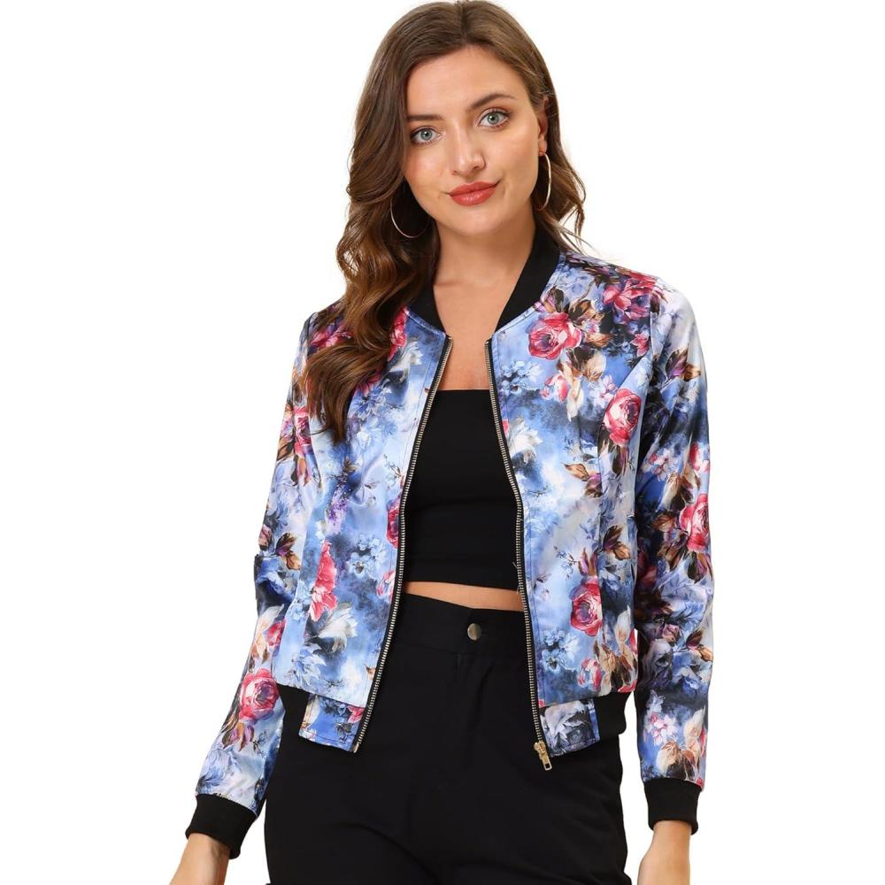 Jachetă bomber Allegra K damă florală albastră cu fermoar